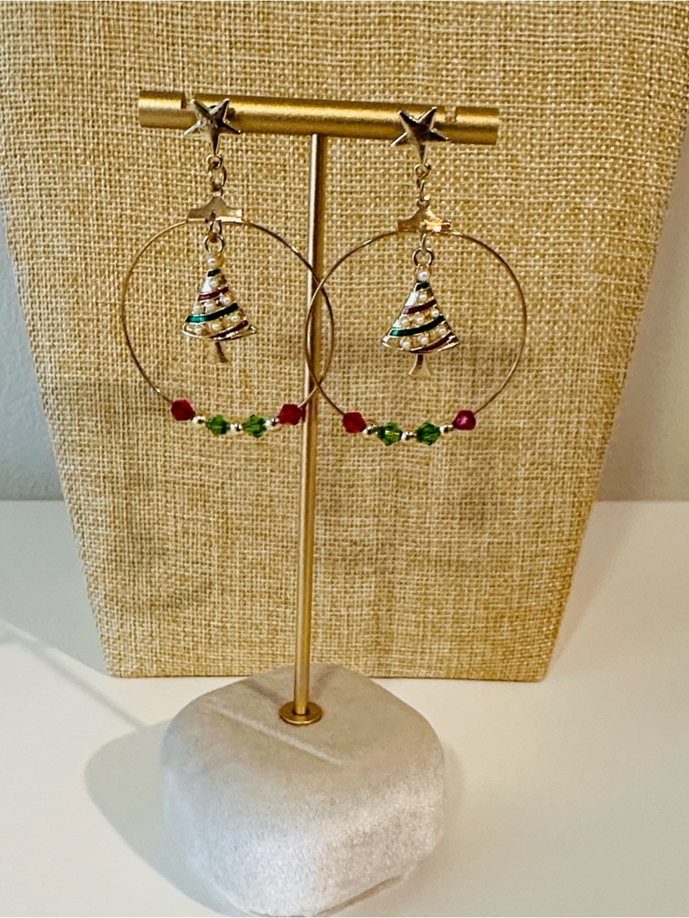 Gold-Tone Holiday Tree Hoop Earrings with Red & Green Beads